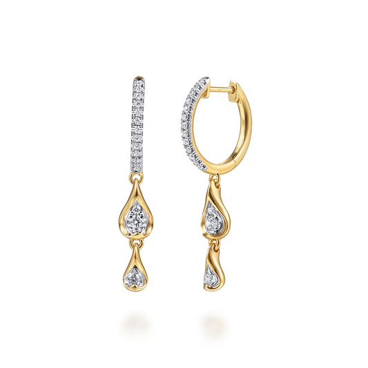 14K White and Yellow Gold Diamond Huggie Drop Earrings