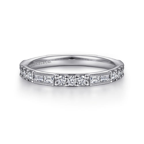 14K White Gold Baguette and Round Diamond Stackable Ring (.60 CTW)