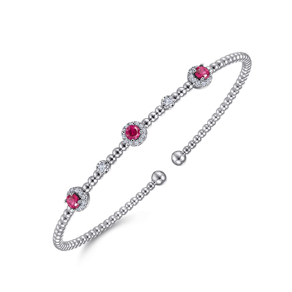 14K White Gold Bujukan Bead Cuff Bracelet with Rubies and Diamond Halo Stations