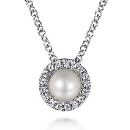 Gabriel & Co | 14K White Gold Pearl and Diamond Halo Pendant Necklace