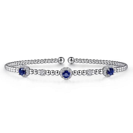 14K White Gold Bujukan Bead Cuff Bracelet with Sapphire and Diamond Halo Stations