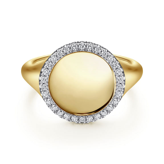 14K Yellow Gold Pinky Signet Ring with Diamond Halo