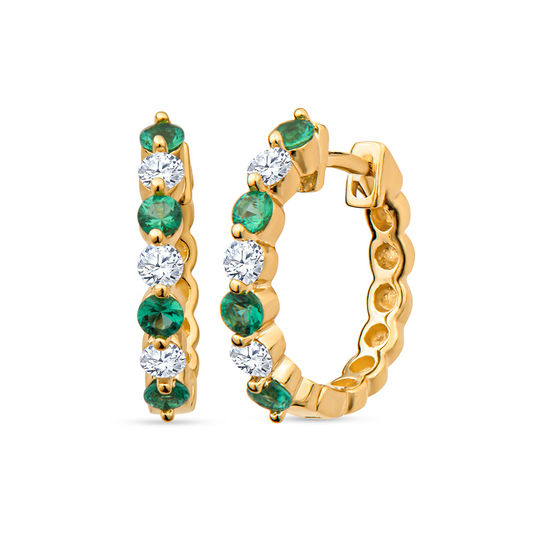 David Connolly | Classic Single Common Prong Gold Diamond Hoop Earrings with Emerald Petite