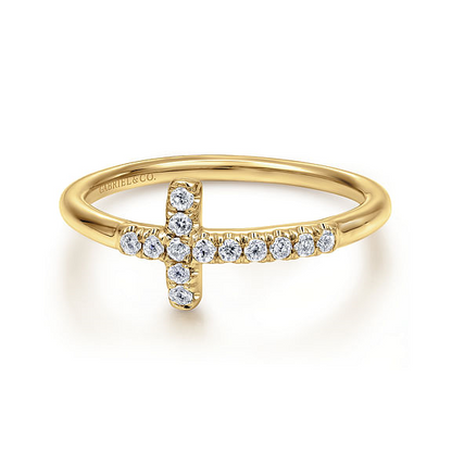 14K Yellow Gold Sideways Diamond Cross Ring