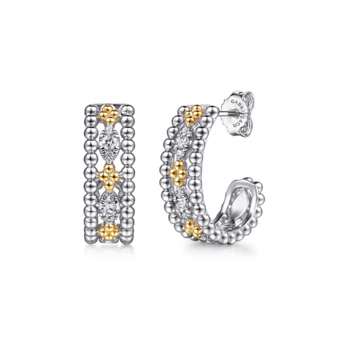 14K Yellow Gold and Sterling Silver Bujukan White Sapphire J Hoop Earrings