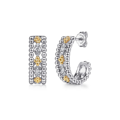 14K Yellow Gold and Sterling Silver Bujukan White Sapphire J Hoop Earrings