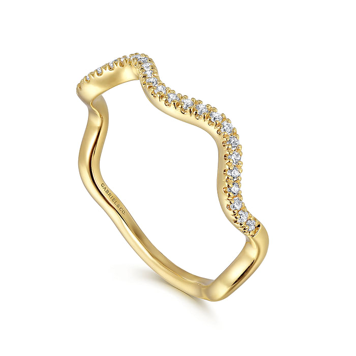 14K Yellow Gold Diamond Wave Stackable Ladies Ring