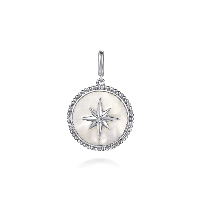 925 Sterling Silver Bujukan White Sapphire and Mother Of Pearl Round Starburst Medallion Pendant