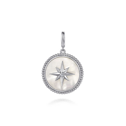 925 Sterling Silver Bujukan White Sapphire and Mother Of Pearl Round Starburst Medallion Pendant