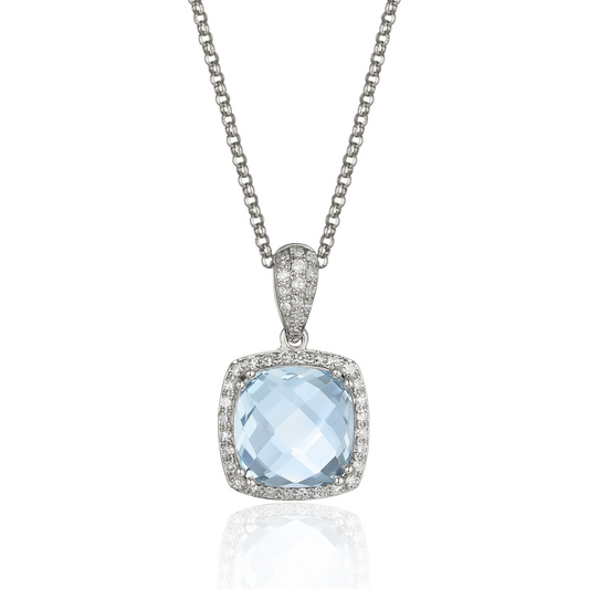 Halo Cushion Cut Blue Topaz Necklace