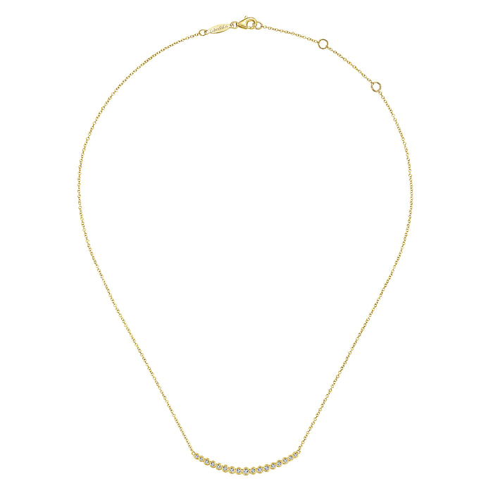 14K Yellow Gold Curved Bar Necklace with Bezel Set Round Diamonds