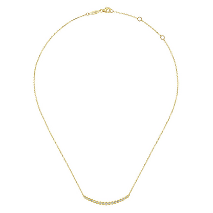 14K Yellow Gold Curved Bar Necklace with Bezel Set Round Diamonds