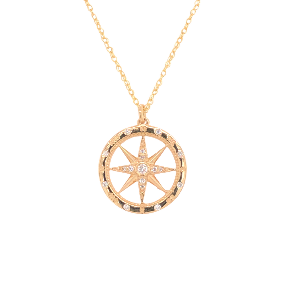 Medium Windrose Style Round Diamond Compass Pendant