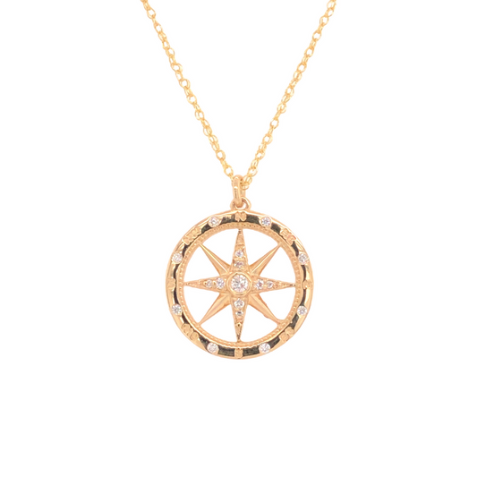 Medium Windrose Style Round Diamond Compass Pendant