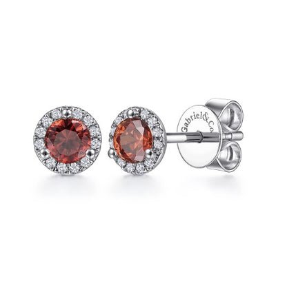 14K White Gold Halo Garnet and Diamond Stud Earrings