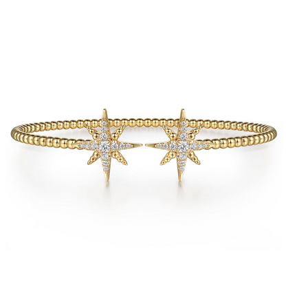14K Yellow Gold Bujukan and Diamond Starburst Open Bangle Bracelet