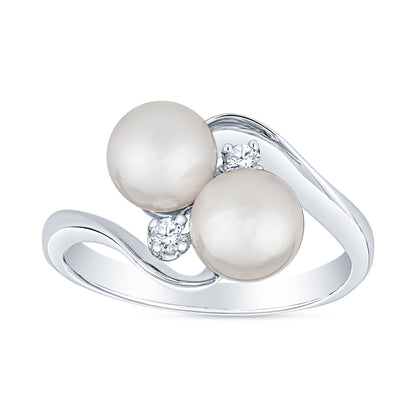 Swirl Bypass Two Stone Akoya Cultured Pearl and Diamond Ring