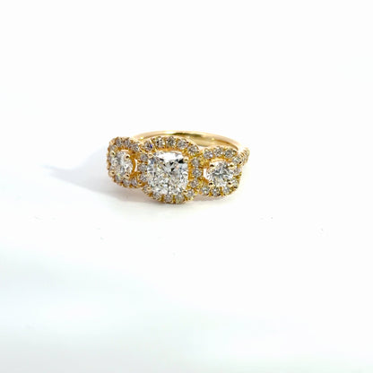 Kirkland Jewelry Estate | 14K Yellow Gold Three Stone Halo Style Ring with Lab Grown Center